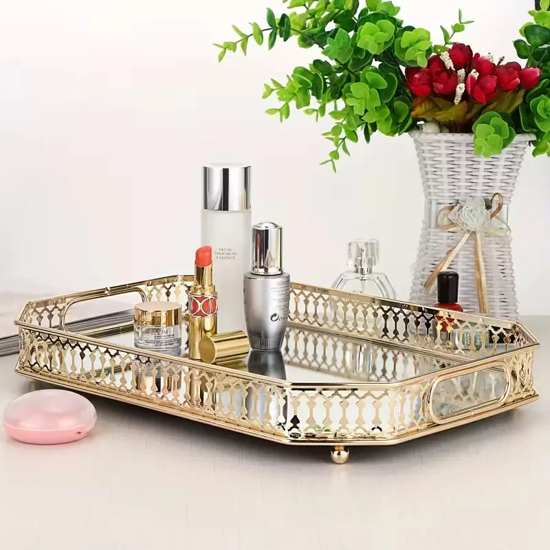 Light Luxury Metal Storage Tray, Vanity Mirror Tray for Cosmetics & Perfume, Home Decoration for Bathroom & Bedroom Table