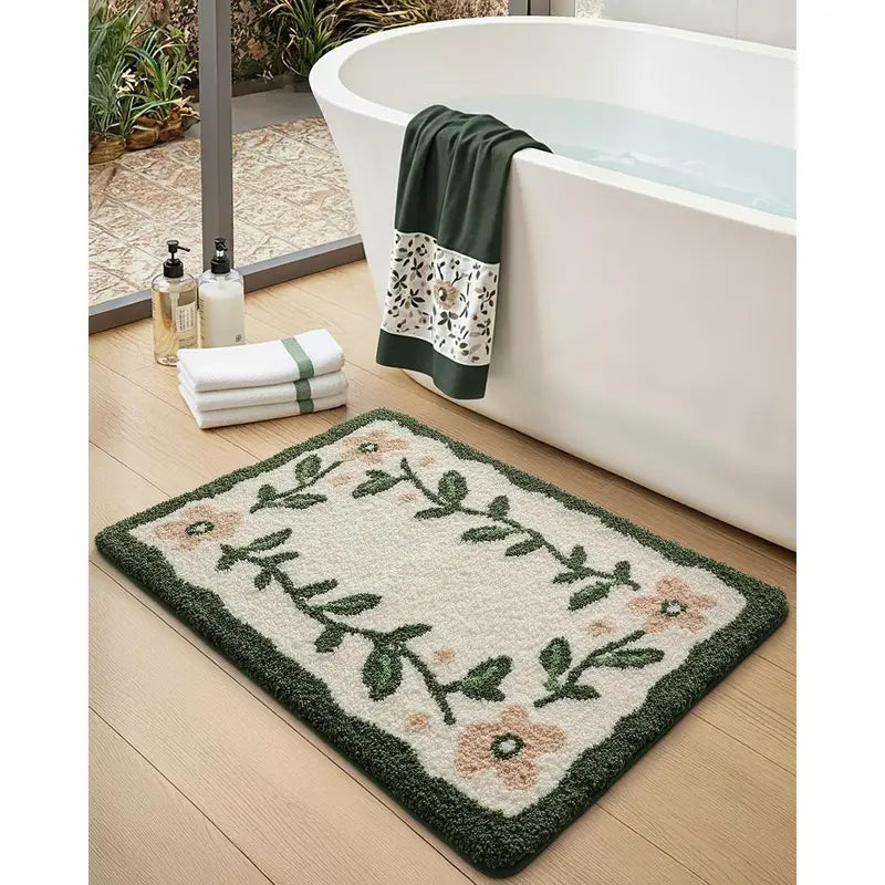 DEXI Traditional Rectangle Bathroom Rug Set - 20x32in Cozy Microfiber Bath Mat with Anti-Slip Pad, Highly Absorbent, Stops Floor Bunching, Durable, Cold-Washable, Easy-Clean, Quick-Dry (Prints: Green Leaf/Pink Flower/Beige)