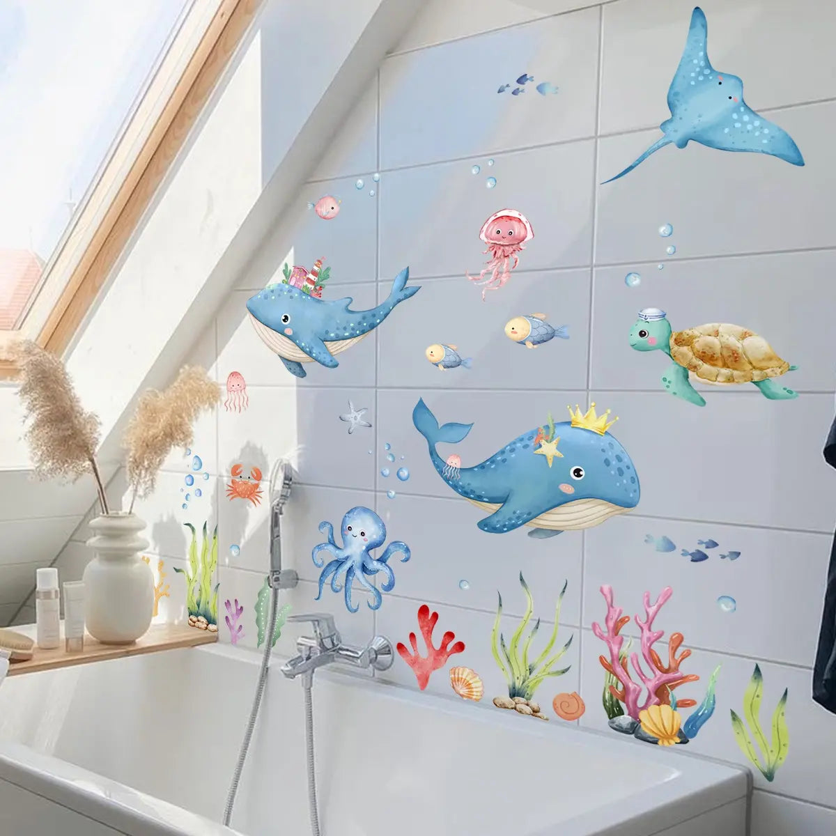 A set of 2 (30*60cm*2pcs) Underwater World Shark, Jellyfish and Turtle Bathroom Toilet Decorative Stickers, Bathroom Bathtub Decals, Bathtub Appliques, Washbasin Home Decor Wall Stickers, Bathroom Decorations, Bathroom Accessories, Bathroom Decor Supplies