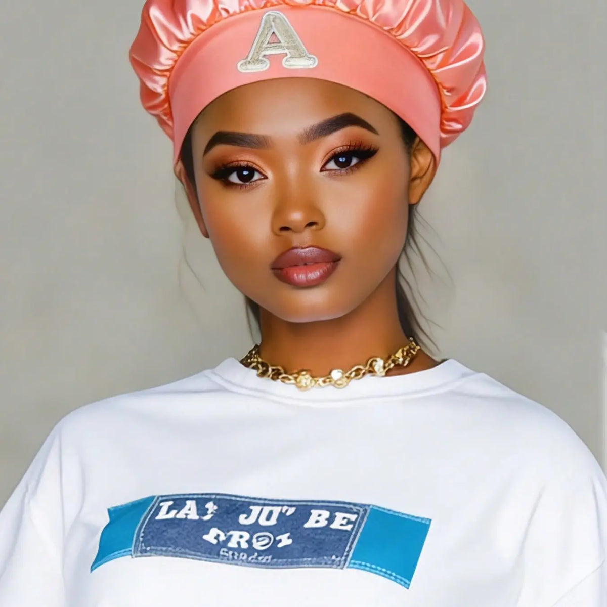 1Pc A - Z Letter Women's Peach Pink Satin Hair Bonnet, Hair Cap, Luxury Shiny Comfortable Head Cover, Hat, Suitable For Daily Hair Care, Home Washing, Nighttime Grooming,SPA Treatments, Home Office