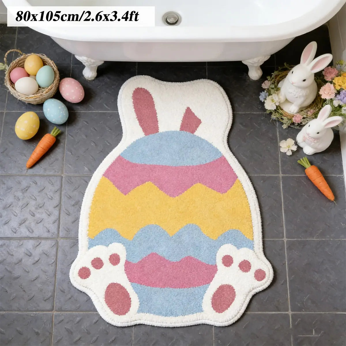 Easter Plush Bathroom Mat, Bathroom Floor Mat, Rabbit Egg Pattern, Cute Cartoon Animal Design, Soft Puffy Rug, Easter Gift, Home Decor, Bedroom Living Room Bath Kitchen Entryway