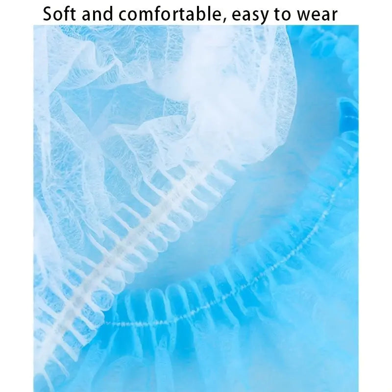100 disposable non-woven fluffy hats, hair net elastic hats, hair caps, shower caps for beauty salons, spas, and dust-free workspaces, 21 inches