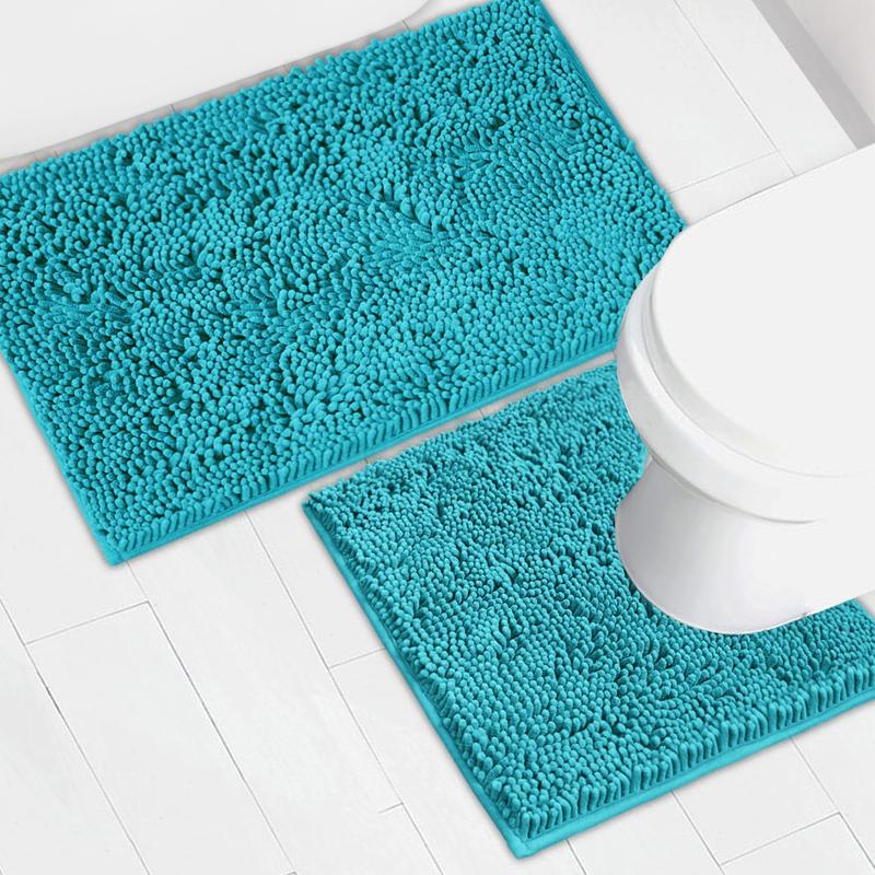 Light Gray Bathroom Mat Set (2-Piece), Synthetic Dense Pile, Super Water Absorbent Quick Dry, Sturdy PVC Base, Non-Slip, Machine Washable, Rectangle for Bathtubs