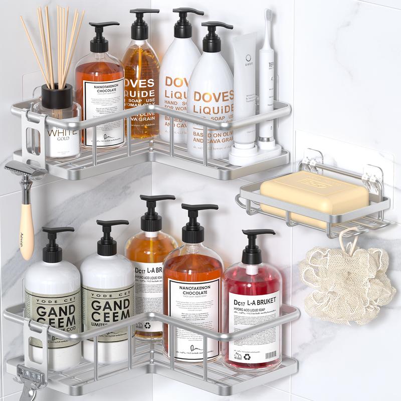 Black Wall-Mounted Steel Shower Organizer Rack Set (2pcs/5pc Black), Bathroom Decor with Tempered Glass Removable Floating Shelves, No-Drill Self-Adhesive Baskets, Hollow Drain, Rustproof Lightweight Easy-Clean Home Bathroom Supplies, Different Sizes