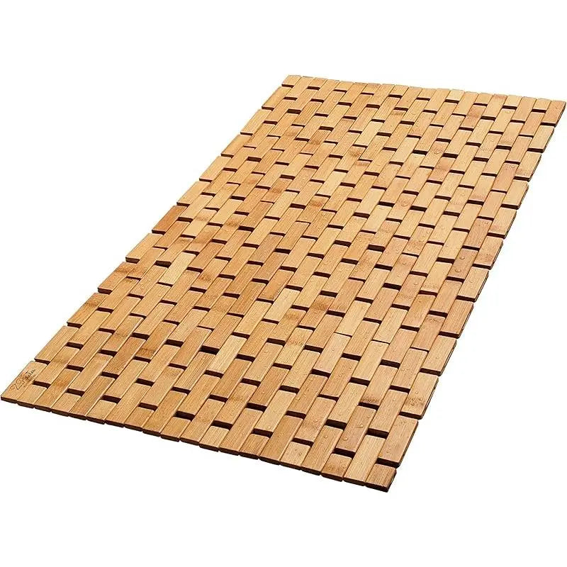 30% Stronger Bamboo Lattice-Weave Bathroom Drying Doormat - 34x18in Rectangle, Rubber Non-Slip Underlay, Foldable, Rolling Feature, Custom Box, Floor-Tested, Eco-Friendly Bathroom Accessory