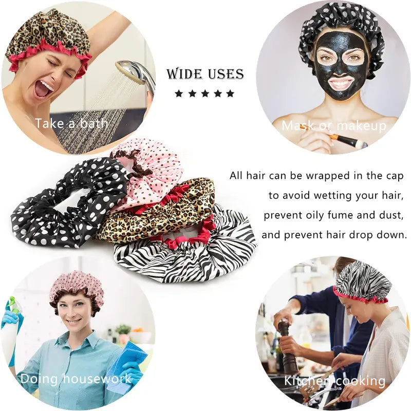 Women's Reusable Shower Caps (4-Pack), Double-Layer Waterproof Bath Hats with Assorted Patterns, Breathable Synthetic Fabric, Elastic 28cm Diameter, No Elastic Marks, for Spa & Cooking, Diameter About 28Cm