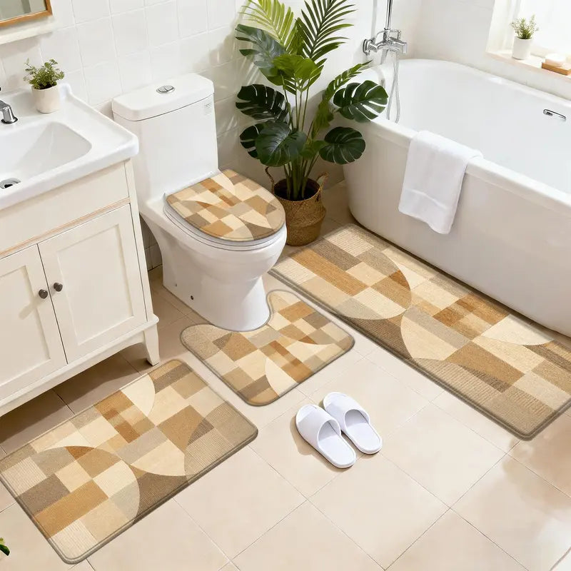 3/4pcs Grey Black White Curved Line Flannel Bathroom Mat Set, Non-Slip Absorbent Bath Rugs, U-Shaped Toilet Cover, Washable Complete Shower Mat Kit