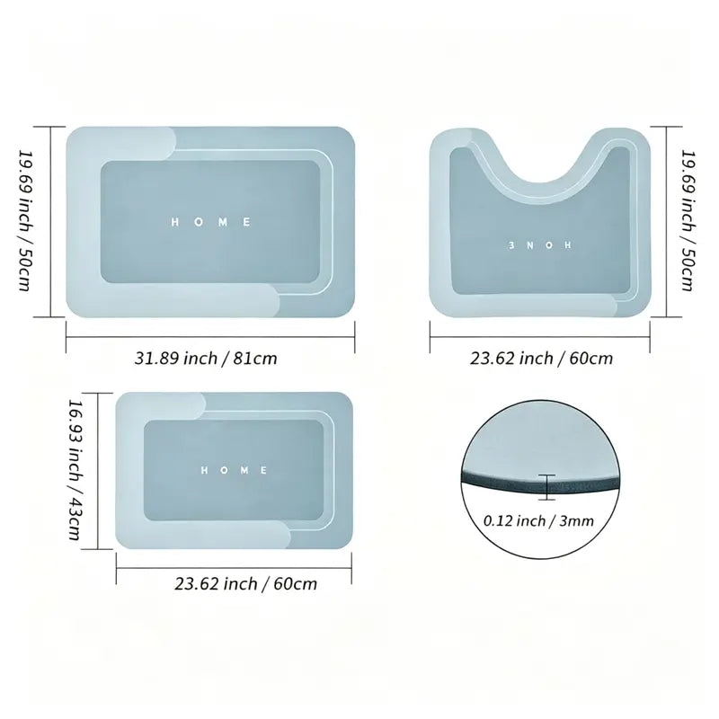3PCS Quick Dry Absorbent Bathroom Mat Set Non Slip Water Draining Bath Rug U-Shaped Toilet Mat Super Water Absorb Floor Pad for Shower Kitchen Sink tapete para baño