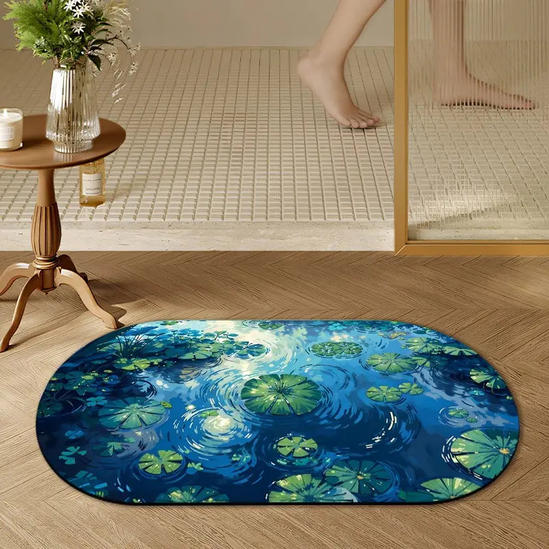Monet Style Water Lily Pond & Ripple Absorbent Diatomaceous Earth Oval Bath Mat Non Slip Rubber Backed Fast Dry Shower Mat Thin Bathroom Rugs Floor Mat