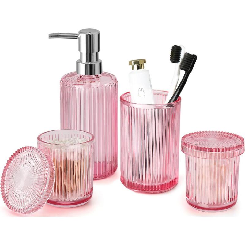 Matte Black Stainless Steel Bathroom Organizer Supplies Set (4-Piece) - Glass Soap Dispenser with Pump, Holder, Qtip Organiser for Modern Home Decor