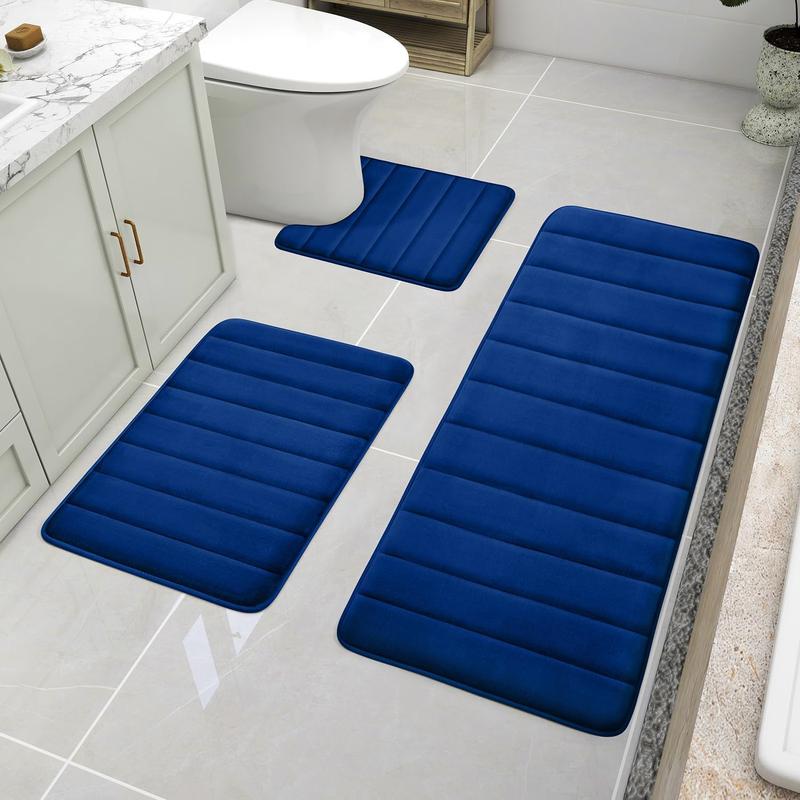 Black Polyester 3-Piece Bathroom Rug Combo Set - Thick, Slip-Safe PVC, Stable PVC Backing, Extra Soft, Absorbent, Machine Washable, 20"x24" Rectangular Bathroom Floor Mat, U-Shaped Toilet Area Cover, Synthetic Memory Foam