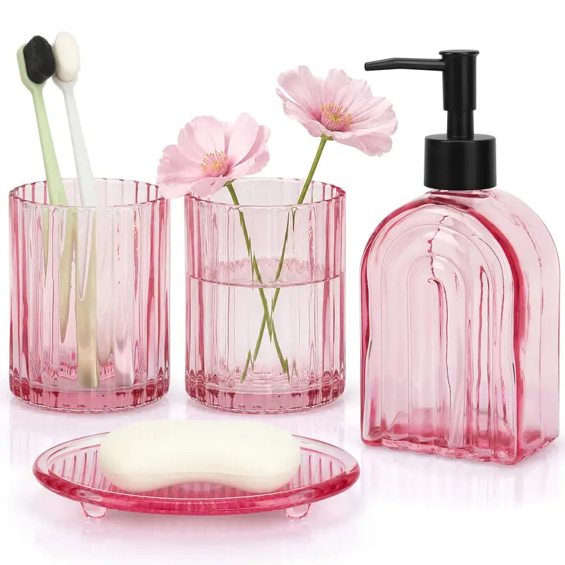 5-Pcs Green Glass Bath Accessory Kit - Vanity Countertop Organizer with Hand Soap Dispenser, Soap Dish, Toothbrush Holder, Jar, Bathroom Decoration Accessories, Vanity Decor, Green Cozy Ambiance, Mother's Day Housewarming Gift Set