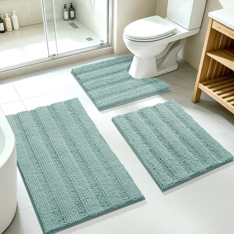 ACCUMTEK 3-Piece Soft Striped Rectangle Chenille Bathroom Rug Set - Stays Put PVC Grip, Absorbent, Plush Texture Shaggy Weave, Machine Washable for Easy Upkeep, Bathroom Accessory, High Pile
