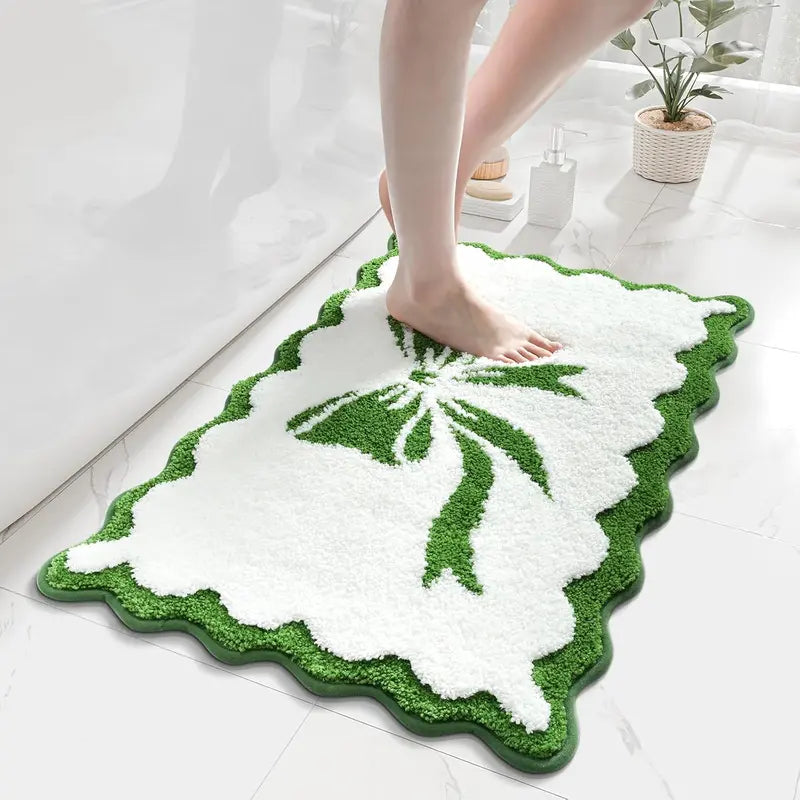 Pink and White Scalloped Edge Microfiber Pet Bath Mat - 18x25 in Rubber Slip-Resistant Bathroom Rug, Soft, Super Absorbent, Quick Drying, Machine Washable Dog & Cat Training Aid (Bow-Center Mother’s Day Gift)