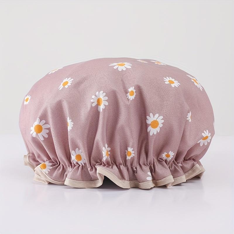 Women's Reusable Double-Layer Floral Shower Cap - Adult, One Size, Adjustable Daisy-Print Bonnet with Elastic Band for Hair Protection, Spa Use