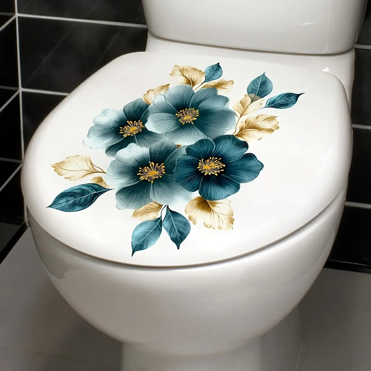 Blue Floral Art Toilet Sticker, Elegant Bathroom Wall Decor, Warm Home Decoration, Single Piece, Stylish and Comfortable Design, Bathroom House Decor