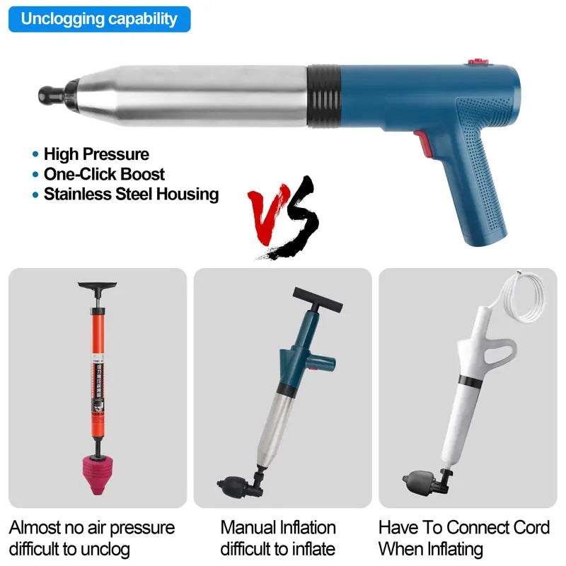 Tormida Stainless Steel Electric Toilet Plunger Clog Remover Kit - Powerful High-Pressure Air Drain Blaster Set with 4 Adapter Heads, Rechargeable Metal Plumbing Tool for Toilets