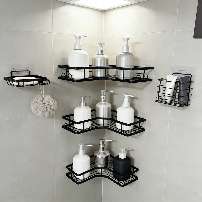 【Fall Essentials】5-Piece Black Stainless Steel Shower Caddy Organizer Set – No Drill Strong Adhesive Rustproof Waterproof Wall Mount | Floating Shelves Soap Dish Toothbrush Shampoo Holder | Aesthetic Cozy Home Renter Friendly Bathroom Upgrade Must Have
