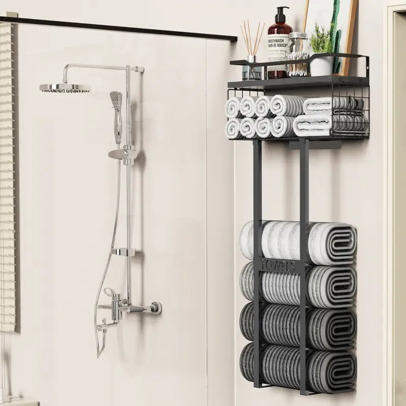 Wall Mounted Towel Rack with Floating Shelf, Black Metal Bathroom Towel Storage Organizer, Holds 6+ Rolled Towels, Multi-Purpose Towel Holder for Small Bathrooms accessories, Spa & Guest Rooms