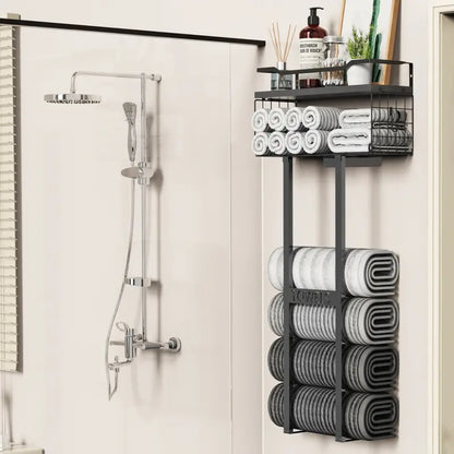 Wall Mounted Towel Rack with Floating Shelf, Black Metal Bathroom Towel Storage Organizer, Holds 6+ Rolled Towels, Multi-Purpose Towel Holder for Small Bathrooms accessories, Spa & Guest Rooms