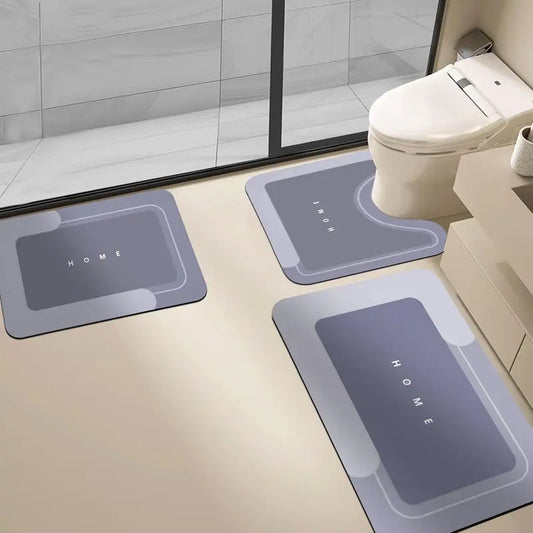 3PCS Geometric Modern Diatomite Bath Mats Set - Non-Slip Bath Mat for Tub, Highly Absorbent, Quick-Drying, Durable, Minimalist "HOME" Letter Rectangle Design, Dry-Safe Footing, Bathroom Decor