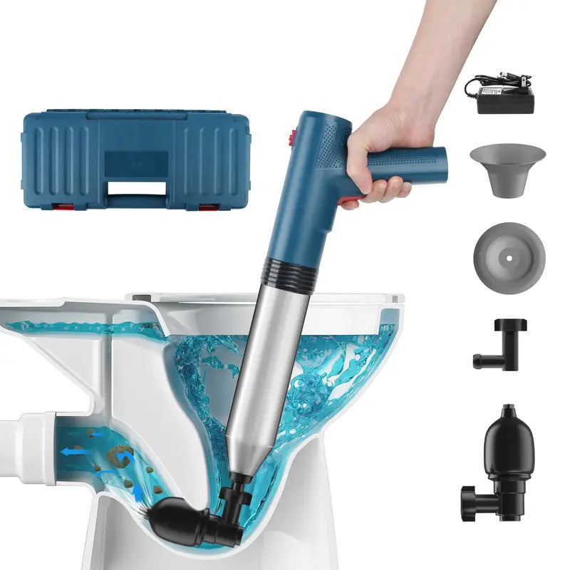 Tormida Stainless Steel Electric Toilet Plunger Clog Remover Kit - Powerful High-Pressure Air Drain Blaster Set with 4 Adapter Heads, Rechargeable Metal Plumbing Tool for Toilets