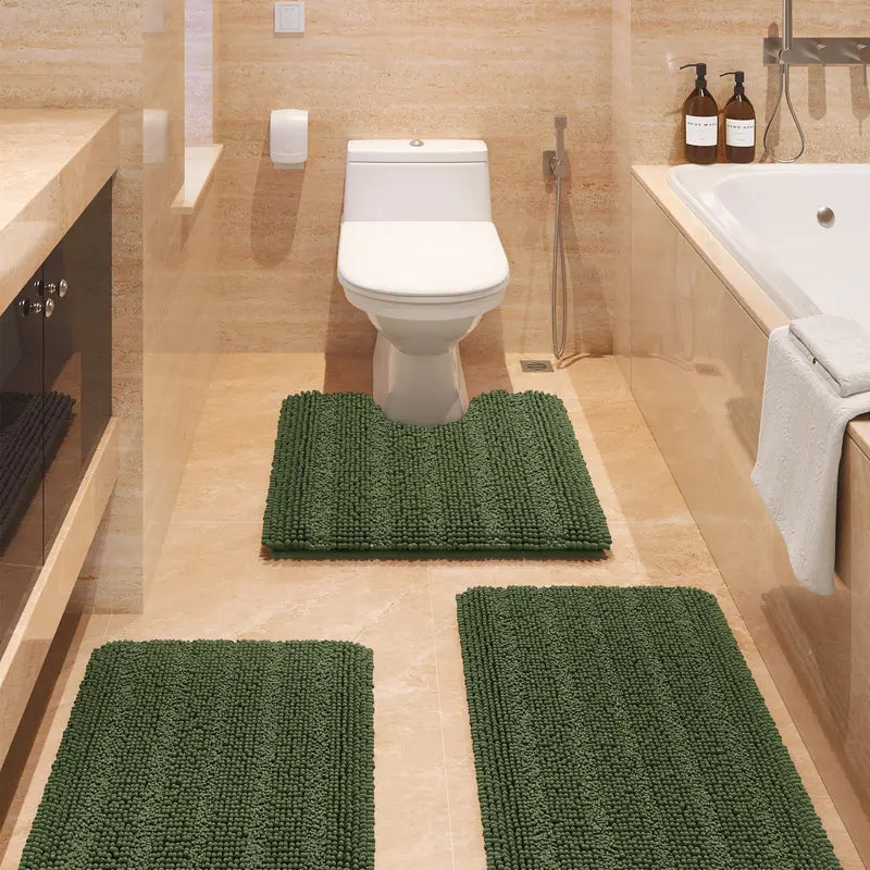 Comfydew Striped 3-Piece Non-Slip Chenille Bathroom Rug Set, Non-Slip PVC Backing Adds Safety, Ultra Soft Deep Pile Soak Absorbent Shaggy Mats for Bathroom Floor, Bedroom