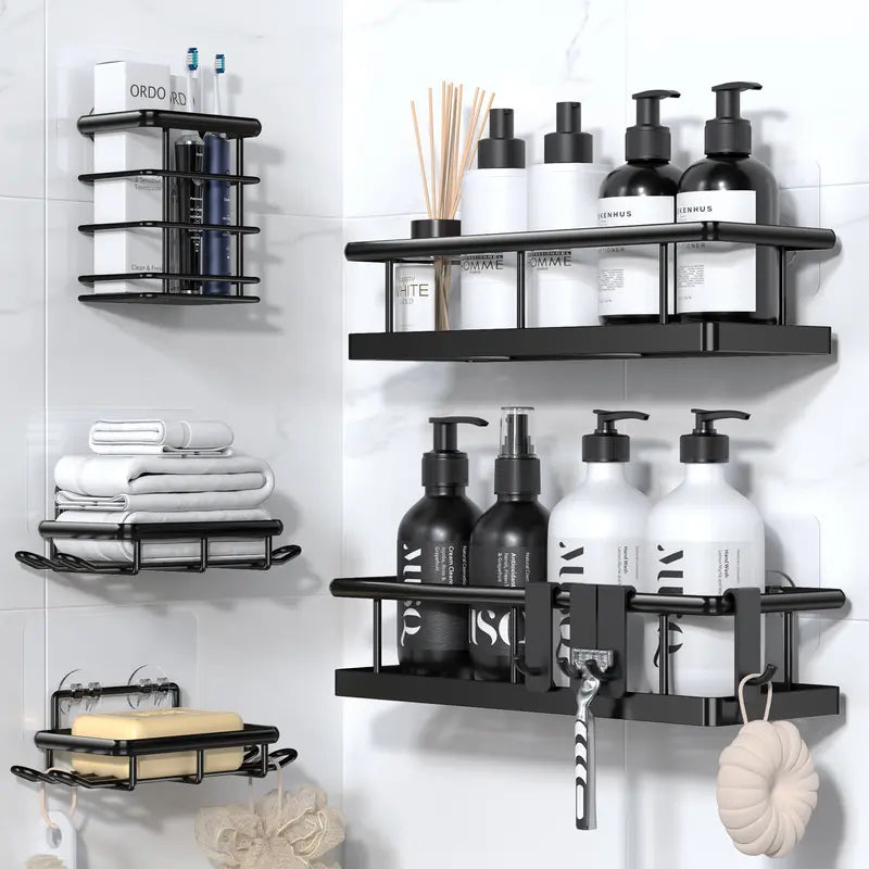 Black Wall-Mounted Steel Shower Organizer Rack Set (2pcs/5pc Black), Bathroom Decor with Tempered Glass Removable Floating Shelves, No-Drill Self-Adhesive Baskets, Hollow Drain, Rustproof Lightweight Easy-Clean Home Bathroom Supplies, Different Sizes