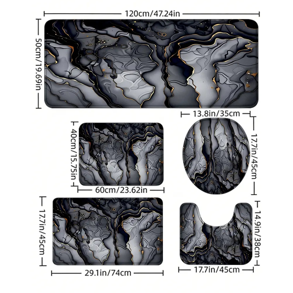 3/5Pcs Black Gold Marble Bathroom Mat Set, Bathroom Rugs Set, Nonslip Bathroom Rugs, Non-Slip Absorbent Bath Mat, Quick Drying Mat, Toilet Lid Cover & U-Shaped Mat, Modern Bathroom Decor, Marble Texture Accessory, Bathroom Floor Mat