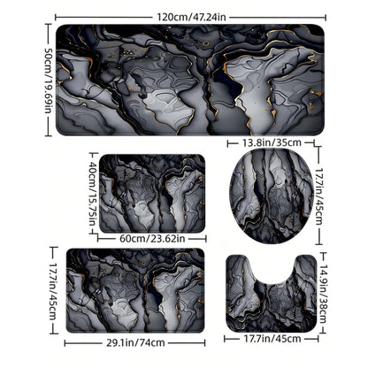 3/5Pcs Black Gold Marble Bathroom Mat Set, Bathroom Rugs Set, Nonslip Bathroom Rugs, Non-Slip Absorbent Bath Mat, Quick Drying Mat, Toilet Lid Cover & U-Shaped Mat, Modern Bathroom Decor, Marble Texture Accessory, Bathroom Floor Mat
