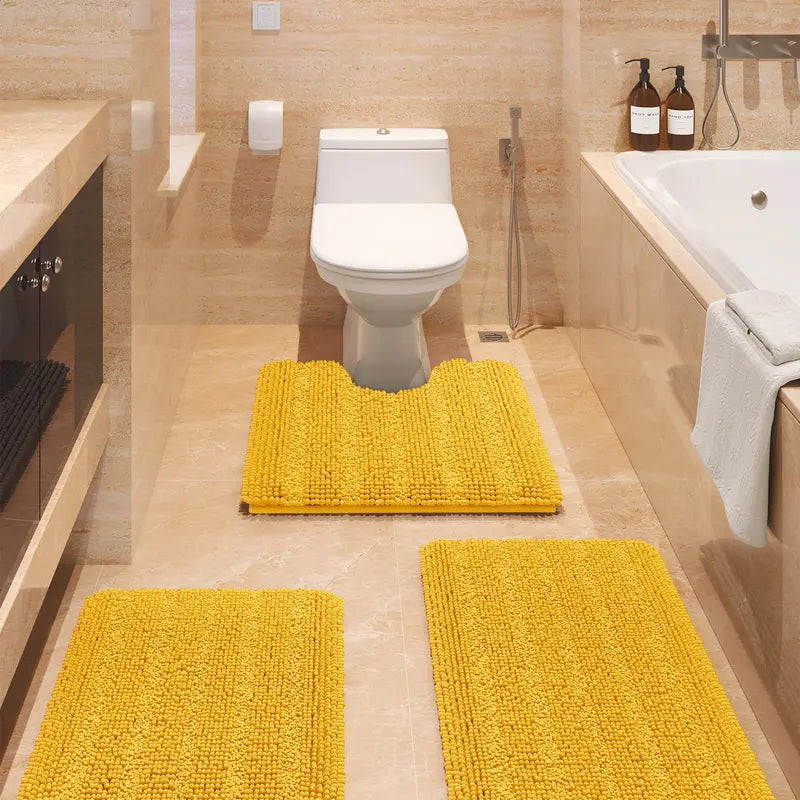 Comfydew Striped 3-Piece Non-Slip Chenille Bathroom Rug Set, Non-Slip PVC Backing Adds Safety, Ultra Soft Deep Pile Soak Absorbent Shaggy Mats for Bathroom Floor, Bedroom