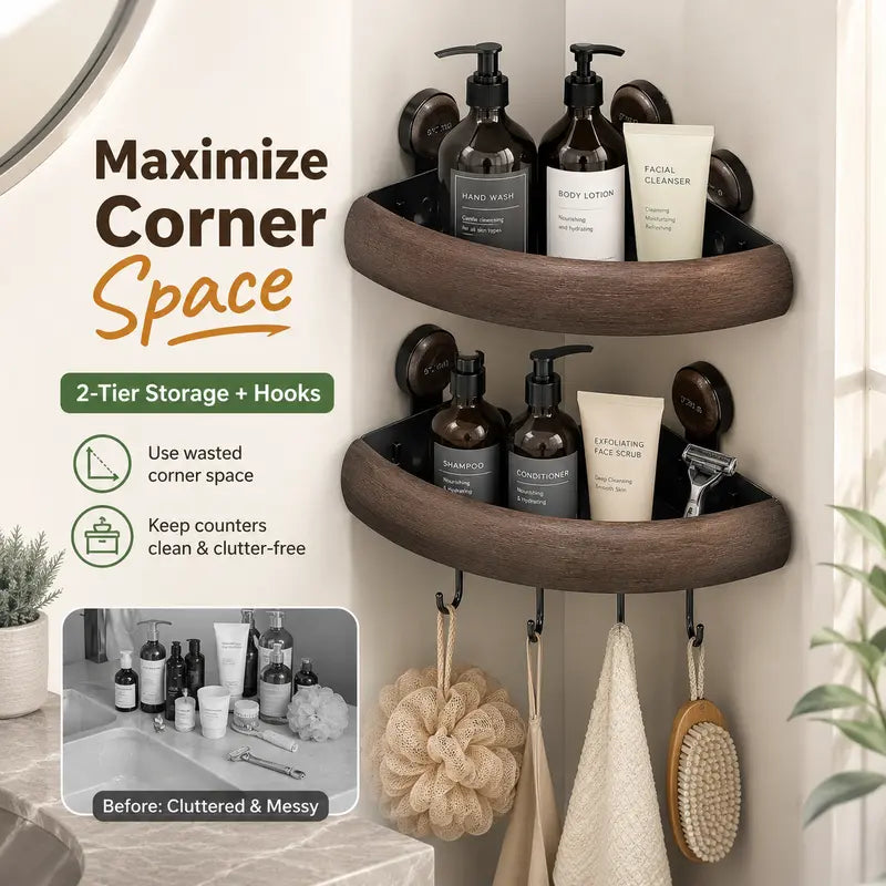 2-Piece L-Shape Wall-Mounted Bathroom Corner Shelf Set - Hassle-Free Adhesive Suction Cup Mount, No-Drilling Shelves on Walls, Double-Layer Durable Shower Storage Set with Towel Bar, 8 Hooks, Detachable Organiser, Drainage Holes (for Renters)