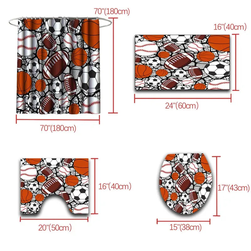 Boys' 4-Piece Washable Polyester Printed Bathroom Shower Curtain Sets - Quick Dry, Includes Shower Curtain, Toilet Seat Cover, Matching Hooks, for Daily Bath Set Decor, Four Piece