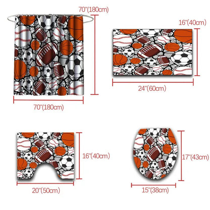 Boys' 4-Piece Washable Polyester Printed Bathroom Shower Curtain Sets - Quick Dry, Includes Shower Curtain, Toilet Seat Cover, Matching Hooks, for Daily Bath Set Decor, Four Piece