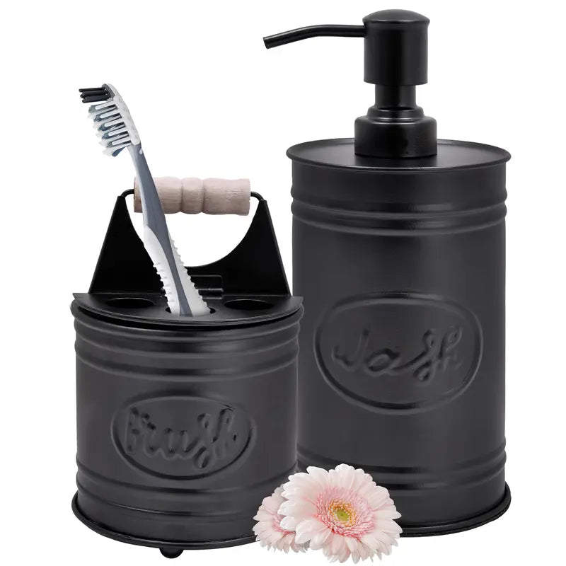 Autumn Alley 2-Piece Galvanized Rustic Bathroom Accessory Set with Soap Dispenser, Toothbrush Brush Holder - Farmhouse Bathroom Accessories Household Bathroom Gadget Bathroom Decor Supplies