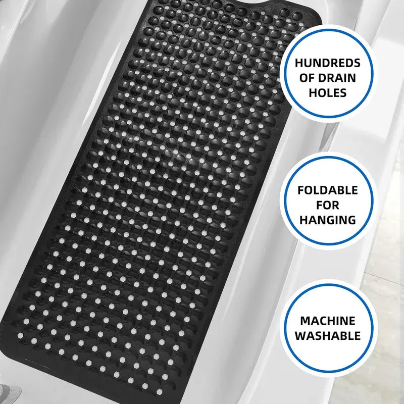Bath Tub and Shower Mats, Non-Slip 39 x 16 Inch Extra Long Bath Mat, Machine Washable Bathtub Mat with Drain Holes, Suction Cups for Bathroom (Black)
