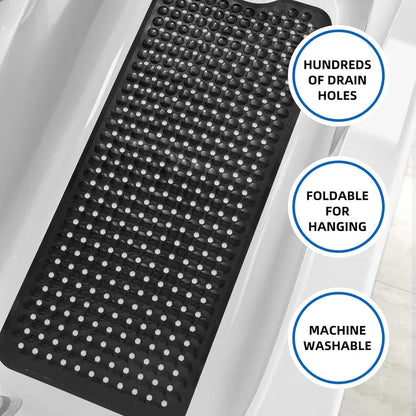 Bath Tub and Shower Mats, Non-Slip 39 x 16 Inch Extra Long Bath Mat, Machine Washable Bathtub Mat with Drain Holes, Suction Cups for Bathroom (Black)