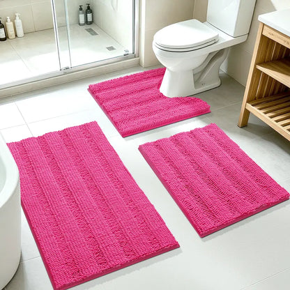 ACCUMTEK 3-Piece Soft Striped Rectangle Chenille Bathroom Rug Set - Stays Put PVC Grip, Absorbent, Plush Texture Shaggy Weave, Machine Washable for Easy Upkeep, Bathroom Accessory, High Pile