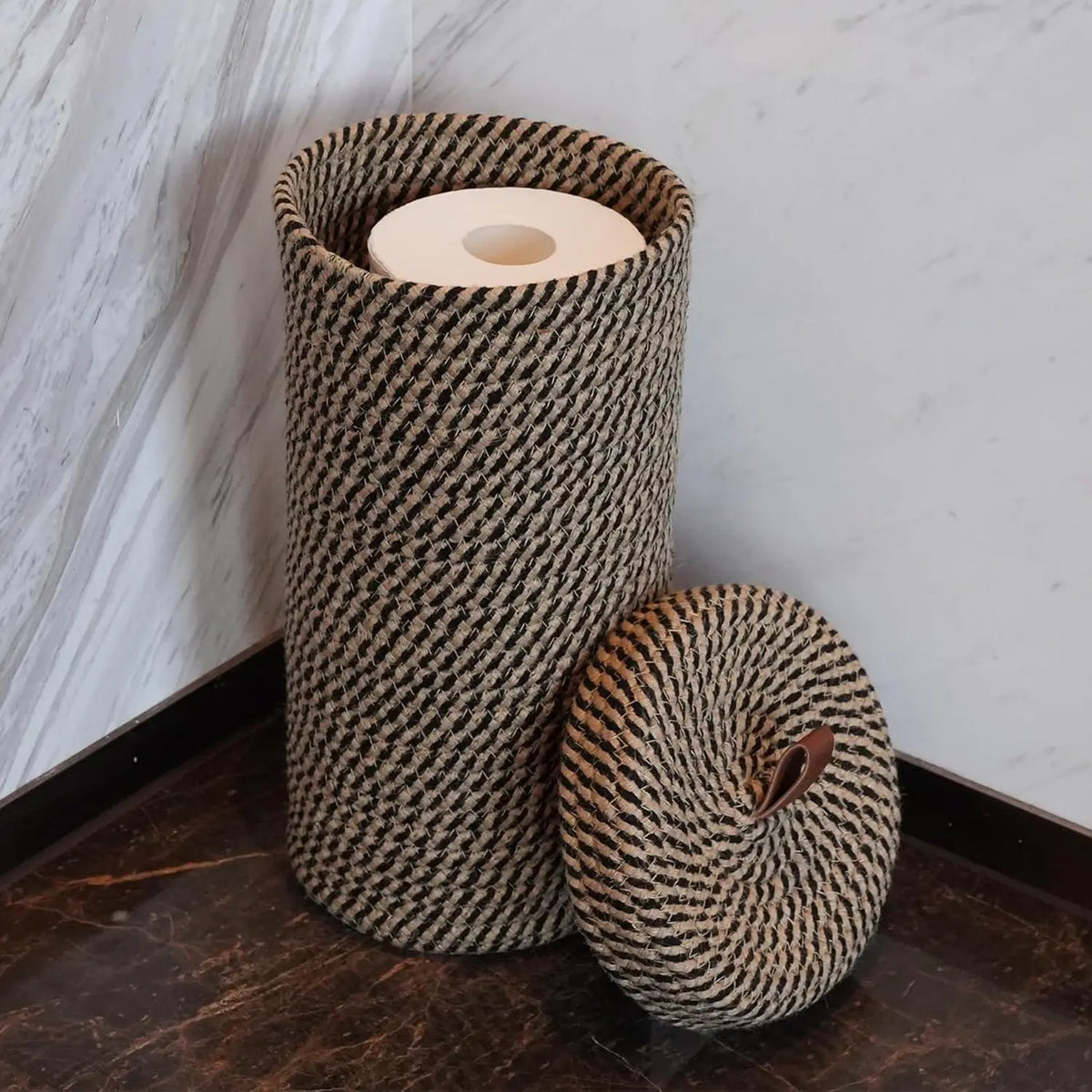 Boho Handwoven Toilet Paper Holder Basket, Independent Bathroom Storage Rack with Jute Rope Design, Bathroom Organizers, Bathroom Necessities, Bathroom Accessories, Holds 3 Extra-Large Rolls