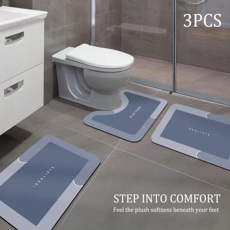 Geometric 3-Piece Modern Soft Diatomite Bathroom Rug Set, Non-Slip Square Rubber Floor Mat, U-Shape Toilet Mat, Quick-Dry Absorbent for Bathroom Home Decor, Diatomite Bathroom Mat