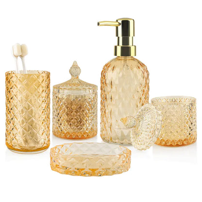5-Pcs Green Glass Bath Accessory Kit - Vanity Countertop Organizer with Hand Soap Dispenser, Soap Dish, Toothbrush Holder, Jar, Bathroom Decoration Accessories, Vanity Decor, Green Cozy Ambiance, Mother's Day Housewarming Gift Set