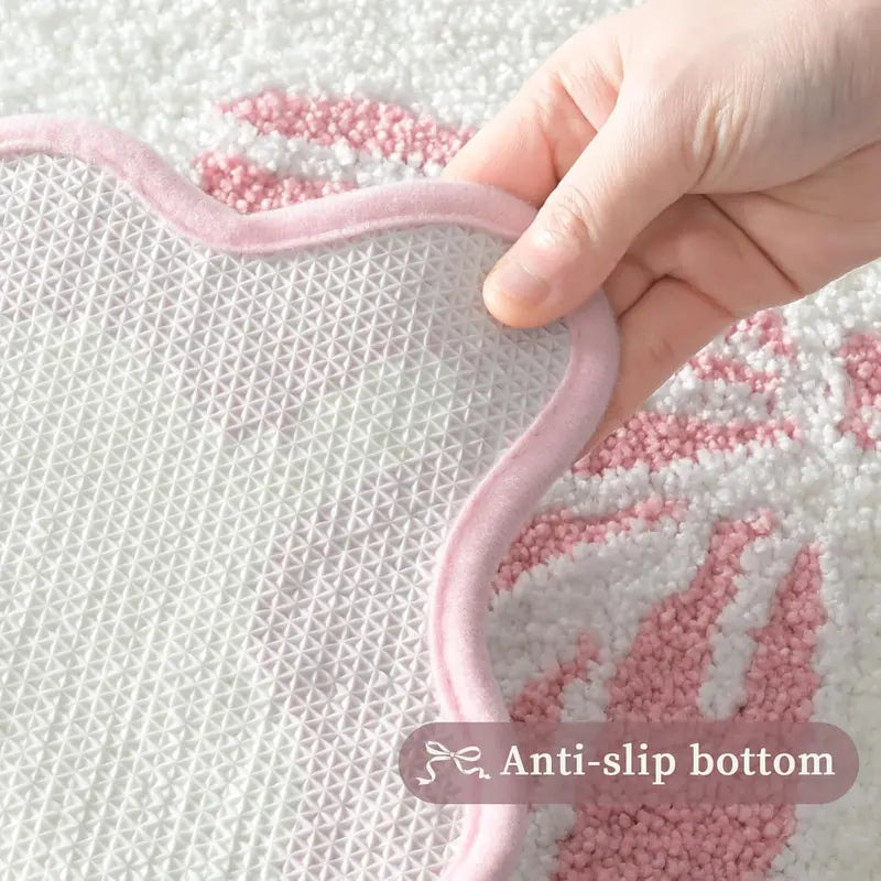 Pink and White Scalloped Edge Microfiber Pet Bath Mat - 18x25 in Rubber Slip-Resistant Bathroom Rug, Soft, Super Absorbent, Quick Drying, Machine Washable Dog & Cat Training Aid (Bow-Center Mother’s Day Gift)