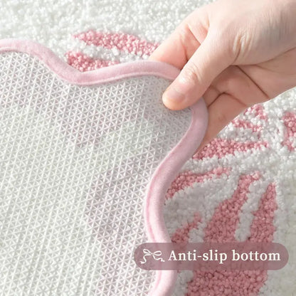 Pink and White Scalloped Edge Microfiber Pet Bath Mat - 18x25 in Rubber Slip-Resistant Bathroom Rug, Soft, Super Absorbent, Quick Drying, Machine Washable Dog & Cat Training Aid (Bow-Center Mother’s Day Gift)