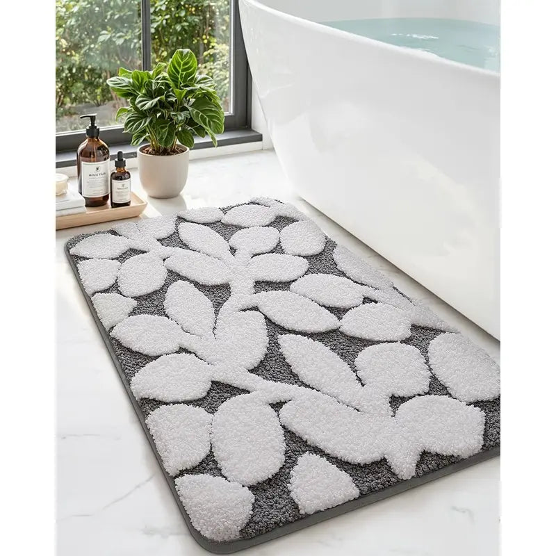 DEXI Traditional Rectangle Bathroom Rug Set - 20x32in Cozy Microfiber Bath Mat with Anti-Slip Pad, Highly Absorbent, Stops Floor Bunching, Durable, Cold-Washable, Easy-Clean, Quick-Dry (Prints: Green Leaf/Pink Flower/Beige)