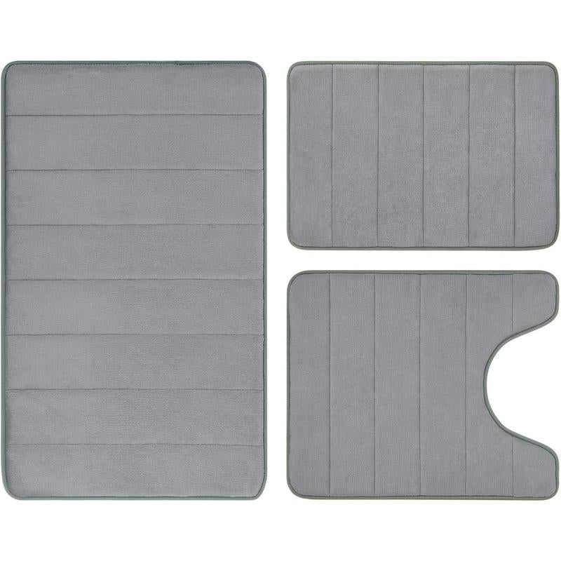 Black Polyester 3-Piece Bathroom Rug Combo Set - Thick, Slip-Safe PVC, Stable PVC Backing, Extra Soft, Absorbent, Machine Washable, 20"x24" Rectangular Bathroom Floor Mat, U-Shaped Toilet Area Cover, Synthetic Memory Foam