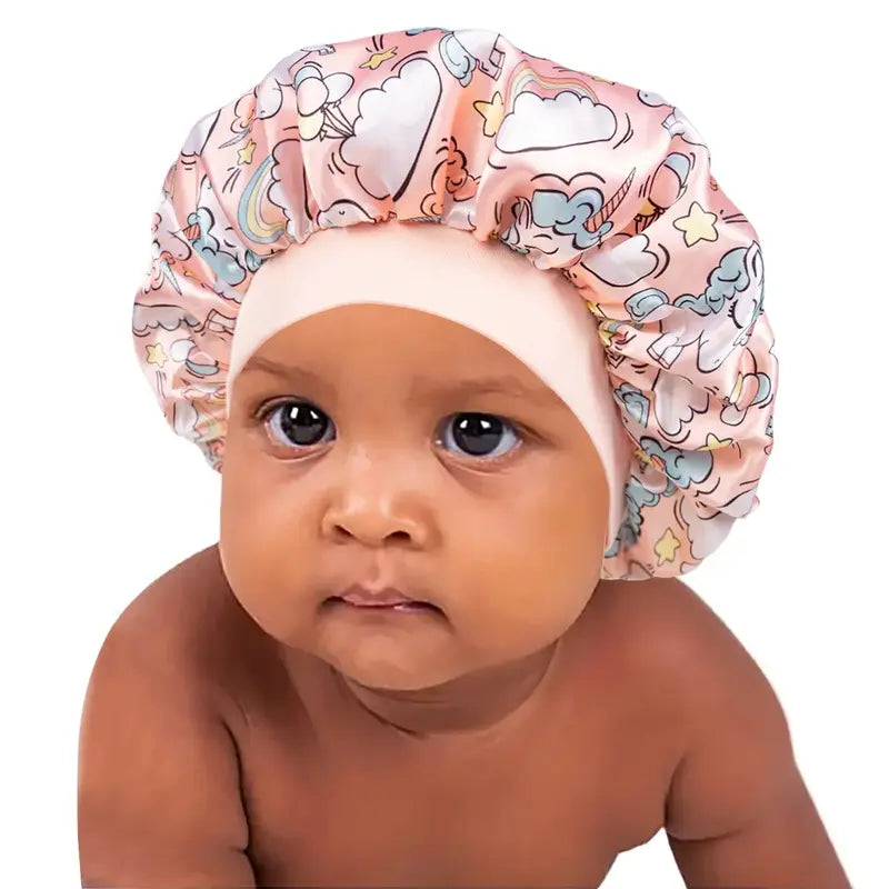 Child's Silk-Like Satin Sleep Bonnet - Snug Fit Hair Care Cover for Sleep & Bath, Soft Printed Reusable Breathable Sport Rainwear-Compatible Accessory