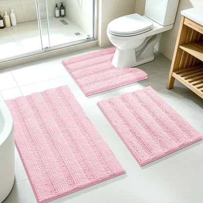 ACCUMTEK 3-Piece Soft Striped Rectangle Chenille Bathroom Rug Set - Stays Put PVC Grip, Absorbent, Plush Texture Shaggy Weave, Machine Washable for Easy Upkeep, Bathroom Accessory, High Pile