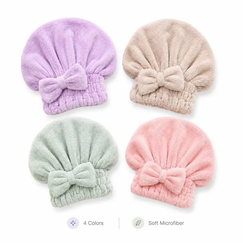 Soft Microfiber Hair Drying Cap for Women – Quick-Dry, Frizz-Free, Elastic Turban with Cute Bow, 4 Color Options for Spa, Shower & Hair Care Routine
