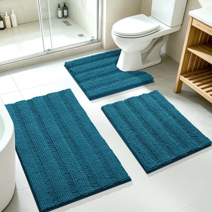 ACCUMTEK Striped Bathroom Rug Set Ultra Soft, Non Slip Chenille Toilet Mat, Absorbent Plush Shaggy Bath Mats for Bathroom, Bedroom, Kitchen