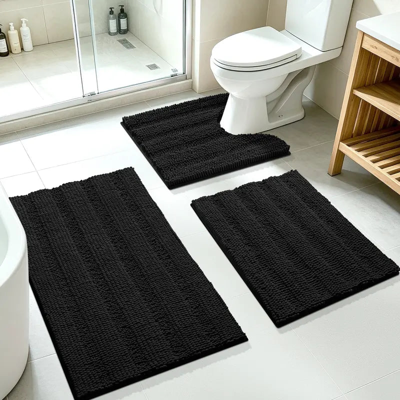 ACCUMTEK Striped Bathroom Rug Set Ultra Soft, Non Slip Chenille Toilet Mat, Absorbent Plush Shaggy Bath Mats for Bathroom, Bedroom, Kitchen